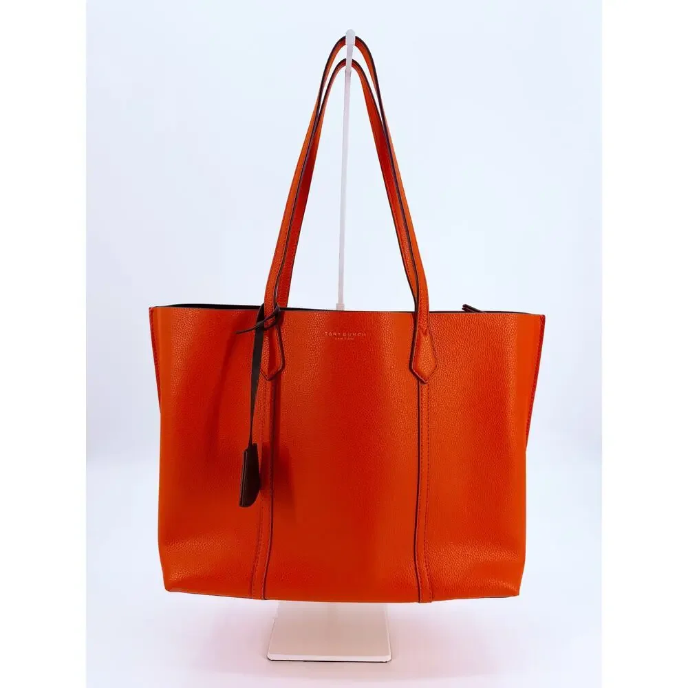 Tory Burch Perry Orange Pebbled Leather Triple Compartment Tote Shoulder Bag